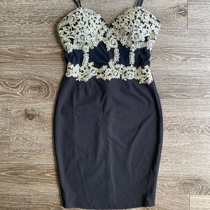 Windsor Black Midi Dress w Gold Detailing and Mesh Boddess size S